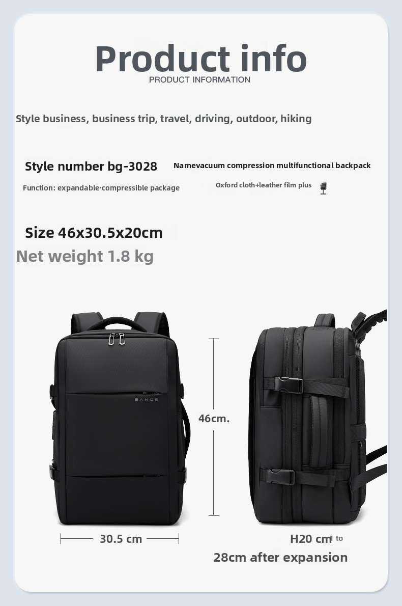 Premium Vacuum Compression Travel Backpack - Unisex Large Capacity Expandable Rucksack - Sleek Water-Resistant Laptop Bag for Business - Versatile Cabin Pack for Work & Holidays