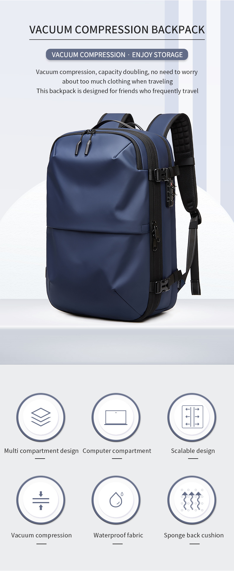 Modern Vacuum Compression Travel Backpack - Unisex Large Capacity Expandable Rucksack - Sleek Water-Resistant Laptop Bag for Business - Versatile Cabin Pack for Work & Holidays