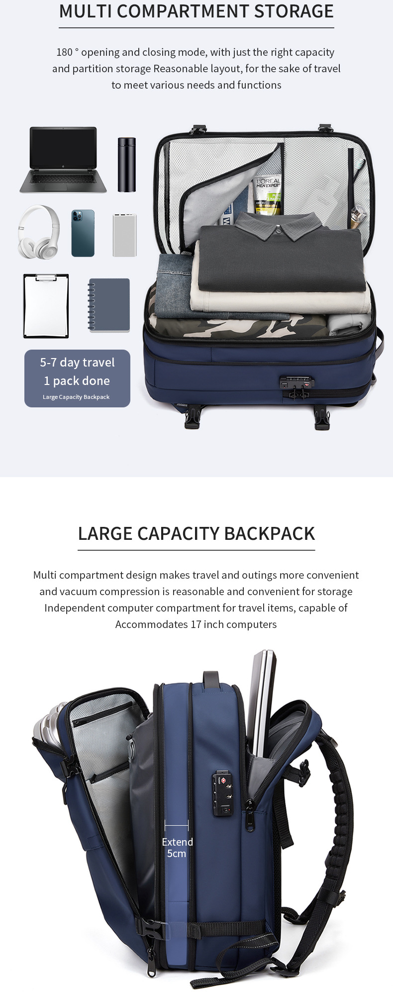 Modern Vacuum Compression Travel Backpack - Unisex Large Capacity Expandable Rucksack - Sleek Water-Resistant Laptop Bag for Business - Versatile Cabin Pack for Work & Holidays
