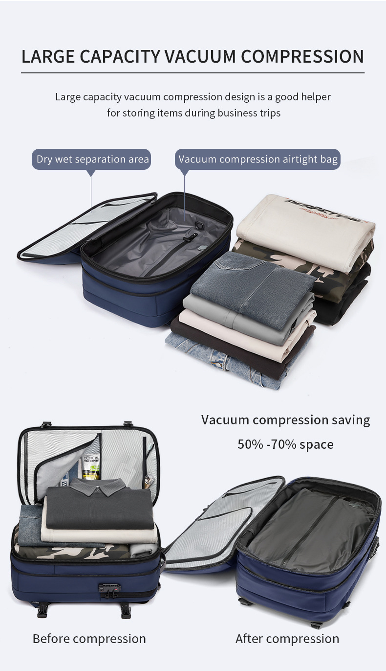 Modern Vacuum Compression Travel Backpack - Unisex Large Capacity Expandable Rucksack - Sleek Water-Resistant Laptop Bag for Business - Versatile Cabin Pack for Work & Holidays