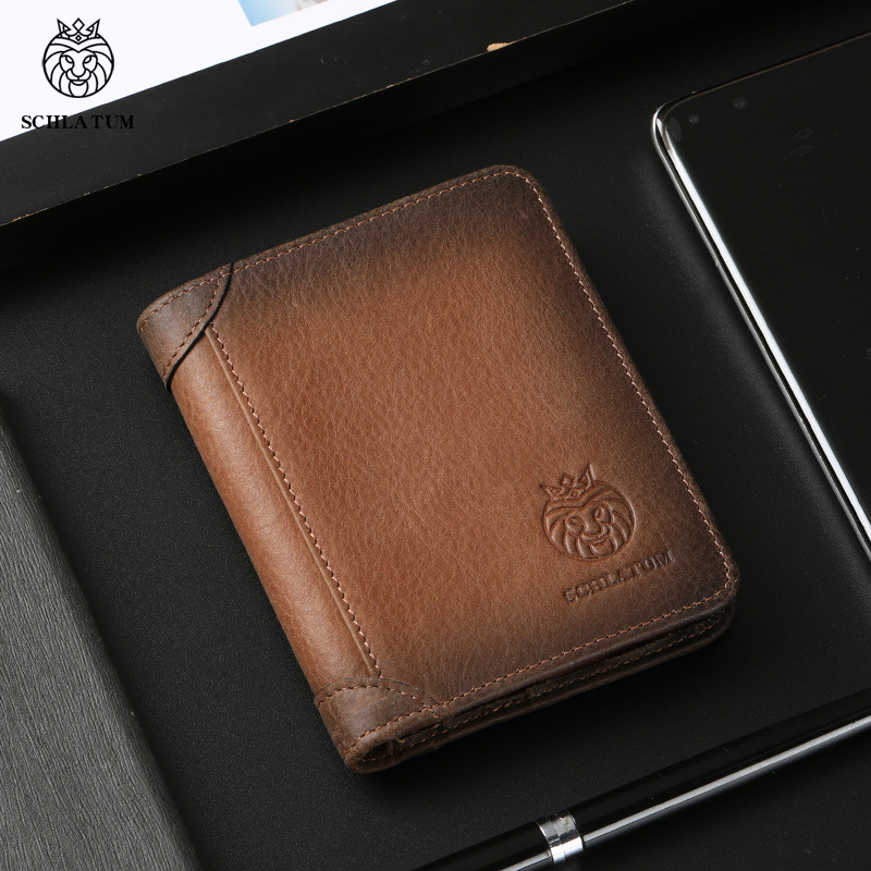 Vintage Lion Emblem Men's Wallet - RFID Blocking Genuine Leather Bifold - Multi-Card Slot Purse with ID Window - Classic Brown Gift for Him