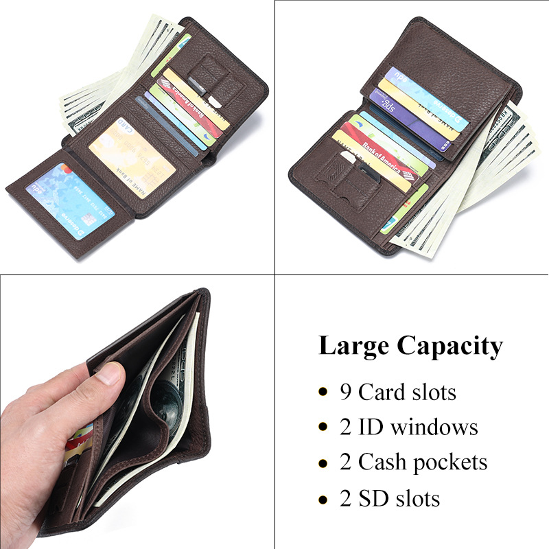 Vintage Lion Emblem Men's Wallet - RFID Blocking Genuine Leather Bifold - Multi-Card Slot Purse with ID Window - Classic Brown Gift for Him