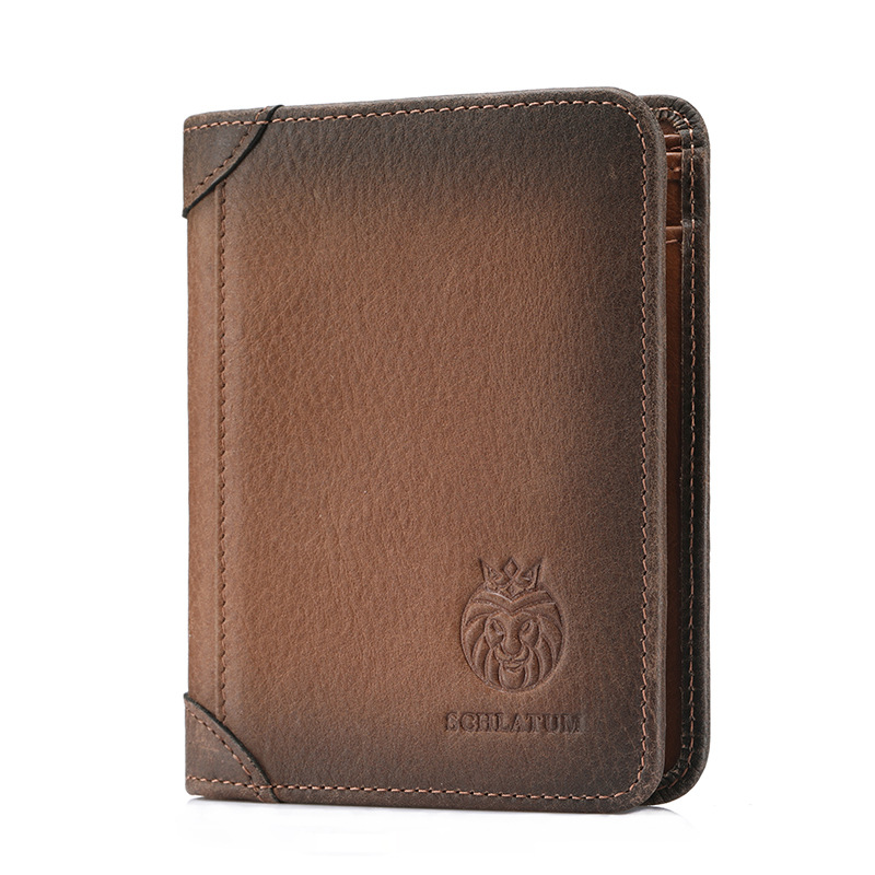Vintage Lion Emblem Men's Wallet - RFID Blocking Genuine Leather Bifold - Multi-Card Slot Purse with ID Window - Classic Brown Gift for Him