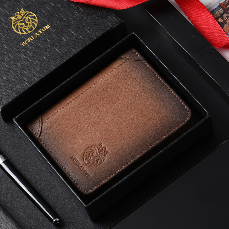Vintage Lion Emblem Men's Wallet - RFID Blocking Genuine Leather Bifold - Multi-Card Slot Purse with ID Window - Classic Brown Gift for Him